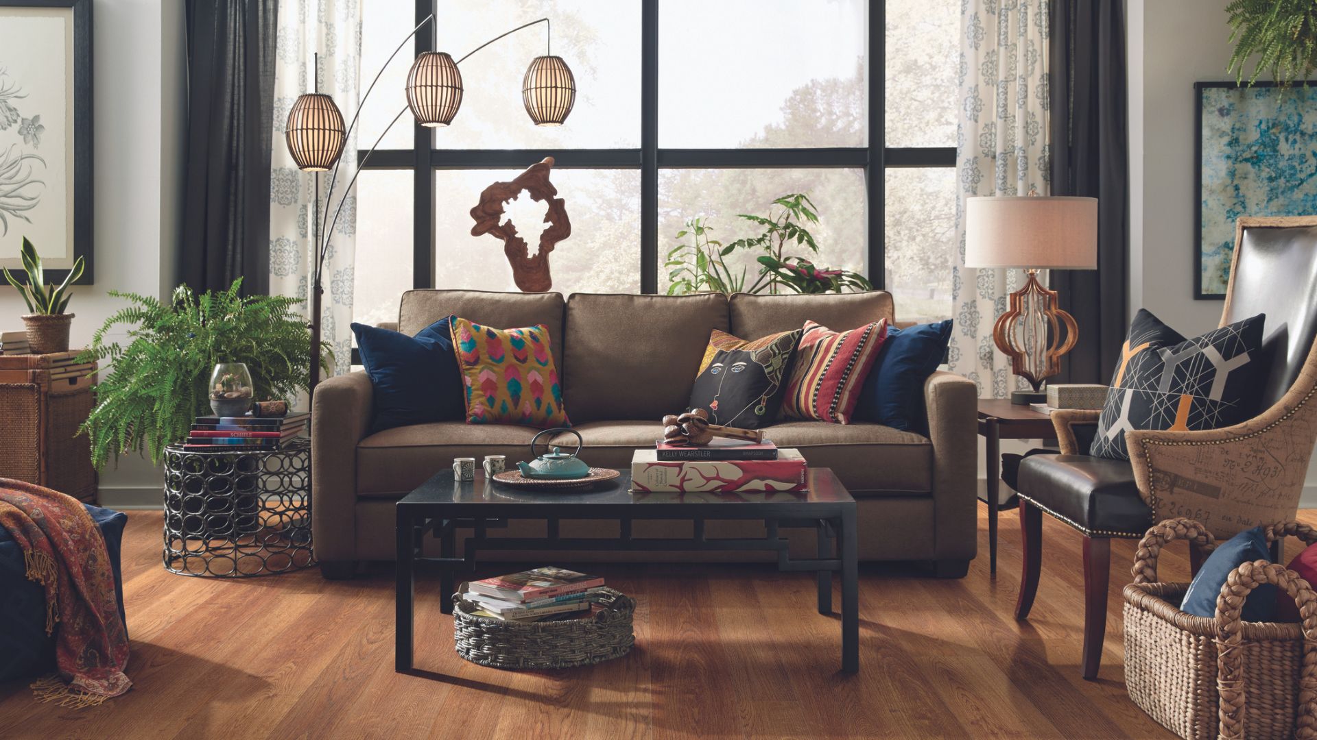 Luxury vinyl flooring in a bohemian style living room